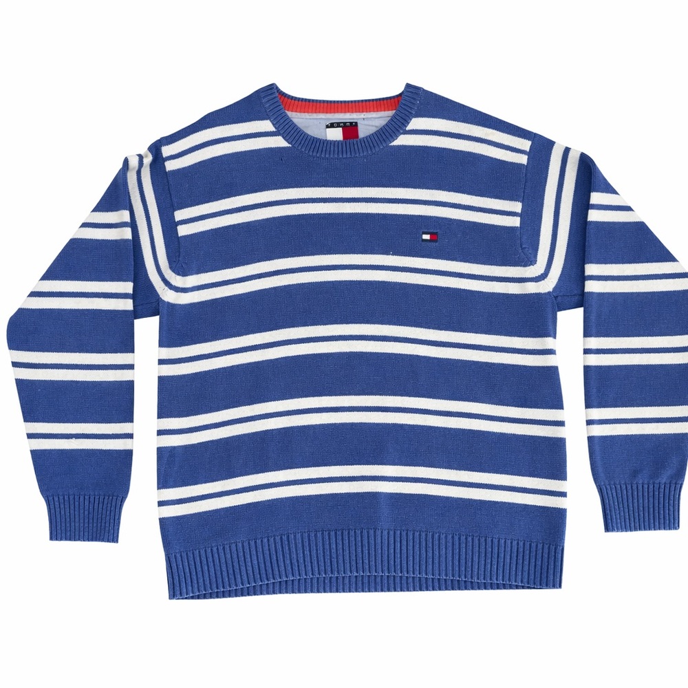 Y2K Tommy Hilfiger Blue and White Striped Men's Sweater